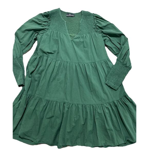 Pomander Place Dress sz M Ceci Smocked Long Sleeve Green Tiered Cotton Mini Boho - Picture 2 of 10